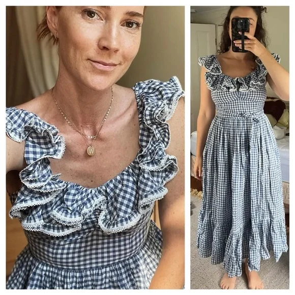 Doen Maxi Dress Sora Blue Gingham Plaid Ruffle Sleeveless size XL - Picture 1 of 13